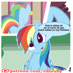 Size: 1280x1280 | Tagged: safe, artist:ribiruby, rainbow dash, pegasus, pony, comic:a gift for dash, g4, comic, dialogue, dock, door, female, knocking, looking at you, mare, patreon, patreon logo, show accurate, solo, spanish, translated in the comments