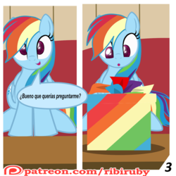 Size: 1280x1280 | Tagged: safe, artist:ribiruby, rainbow dash, pegasus, pony, comic:a gift for dash, g4, comic, couch, dialogue, female, front view, mare, patreon, patreon logo, present, show accurate, sitting, solo, spanish, translated in the comments