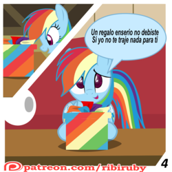 Size: 1280x1280 | Tagged: safe, artist:ribiruby, rainbow dash, pegasus, pony, comic:a gift for dash, g4, comic, couch, dialogue, female, front view, mare, patreon, patreon logo, present, show accurate, sitting, solo, spanish, translated in the comments