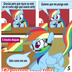 Size: 1280x1280 | Tagged: safe, artist:ribiruby, rainbow dash, pegasus, pony, comic:a gift for dash, g4, blushing, bridle, comic, couch, dialogue, dock, female, headgear, mare, patreon, patreon logo, present, sitting, solo, spanish, surprised, tack, translated in the comments