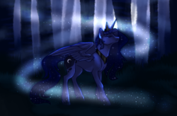 Size: 1340x880 | Tagged: safe, artist:butteredpawpcorn, princess luna, g4, backlighting, crepuscular rays, eyes closed, female, forest, night, solo, spread wings