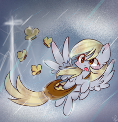 Size: 983x1026 | Tagged: safe, artist:windymils, derpy hooves, pegasus, pony, bag, blushing, cute, female, flying, food, mare, muffin, open mouth, solo