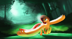 Size: 6756x3713 | Tagged: safe, artist:auroriia, fluttershy, pony, g4, female, flying, forest, impossibly large wings, scenery, solo, spread wings