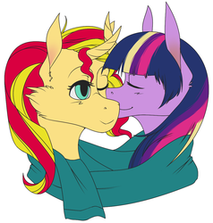 Size: 1027x1080 | Tagged: safe, artist:chioro, sunset shimmer, twilight sparkle, alicorn, pony, g4, clothes, eyes closed, female, lesbian, nuzzling, scarf, shared clothing, shared scarf, ship:sunsetsparkle, shipping, simple background, twilight sparkle (alicorn)