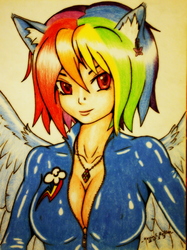 Size: 2320x3105 | Tagged: safe, artist:kevinthecrushinator, rainbow dash, human, g4, breasts, busty rainbow dash, cleavage, ear piercing, eared humanization, earring, female, high res, humanized, jewelry, necklace, piercing, solo, traditional art, winged humanization, zipper