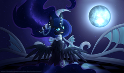 Size: 1700x1000 | Tagged: safe, artist:thebluedreammaker, nightmare moon, g4, both cutie marks, female, grin, horn, horn jewelry, jewelry, looking back, moon, sitting, smiling, solo, spread wings, stars