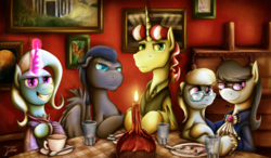 Size: 1250x731 | Tagged: safe, artist:jamescorck, flim, octavia melody, silver spoon, trixie, oc, pegasus, pony, g4, clothes, fire, glass, glasses, knife, magic, movie reference, plate, scenery, signature, table, the untouchables, vase