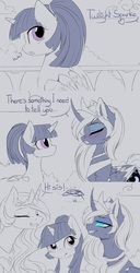 Size: 1280x2508 | Tagged: safe, artist:magnaluna, princess celestia, princess luna, twilight sparkle, alicorn, pony, g4, alternate hairstyle, blushing, comic, heart, implied shipping, implied twiluna, inconvenient celestia, monochrome, partial color, ponytail, twilight sparkle (alicorn)