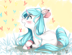 Size: 3024x2320 | Tagged: safe, artist:tamyarts, oc, oc only, butterfly, pony, unicorn, female, high res, mare, prone, solo