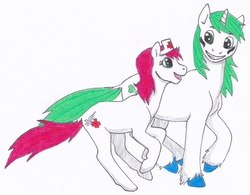 Size: 4394x3422 | Tagged: safe, artist:breadworth, oc, oc only, oc:lucky strike, oc:sweet charity, earth pony, pony, unicorn, female, male, mare, running, stallion, traditional art