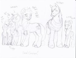 Size: 6648x5104 | Tagged: safe, artist:breadworth, apple bloom, applejack, big macintosh, pinkie pie, pound cake, scootaloo, twilight sparkle, earth pony, pony, g4, absurd resolution, male, monochrome, size chart, size comparison, sketch, stallion, unshorn fetlocks