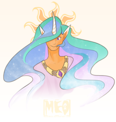 Size: 2029x2129 | Tagged: safe, artist:medemeo, princess celestia, human, g4, elf ears, female, freckles, high res, horn, horned humanization, humanized, solo