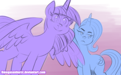 Size: 1024x640 | Tagged: safe, artist:omegasunburst, trixie, twilight sparkle, alicorn, pony, unicorn, g4, duo, sketch, smiling, spread wings, twilight sparkle (alicorn)