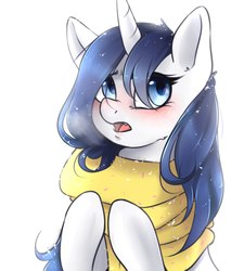 Size: 1944x2160 | Tagged: safe, artist:shellydreams, oc, oc only, pony, unicorn, blushing, clothes, female, mare, scarf, solo