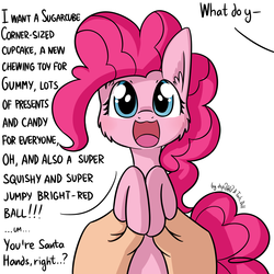 Size: 1920x1920 | Tagged: dead source, safe, artist:dsp2003, part of a set, pinkie pie, pony, g4, comic, cute, dialogue, diapinkes, holding a pony, i can't believe it's not tjpones, looking at you, offscreen character, one-panel comic, open mouth, simple background, single panel, style emulation, tumblr, what do you want, white background