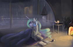 Size: 1280x828 | Tagged: safe, artist:silfoe, princess celestia, pony, g4, book, cozy, female, fireplace, looking back, mare, rain, solo