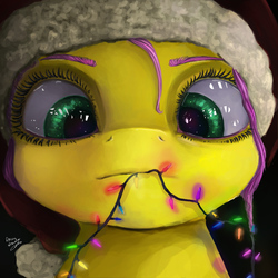 Size: 3000x3000 | Tagged: safe, artist:anuhanele, fluttershy, g4, bust, chewing, christmas lights, cross-eyed, cute, eating, eyebrows, female, hat, high res, looking at something, mouth hold, solo, stray strand