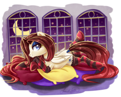 Size: 1024x819 | Tagged: safe, artist:jadedjynx, oc, oc only, oc:blade dancer, pegasus, pony, bedroom eyes, clothes, commission, crescent moon, lidded eyes, smiling, socks, solo, striped socks, window