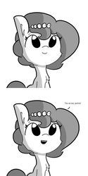 Size: 1280x2560 | Tagged: safe, artist:tjpones edits, edit, oc, oc only, oc:brownie bun, brownie says, fluffy, menstruation, monochrome, open mouth, simple background, sitting, smiling, this will end in tears, too much information, wat, white background, xk-class end-of-the-kitchen scenario, xk-class end-of-the-world scenario