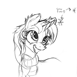 Size: 4096x4096 | Tagged: safe, artist:aurelleah, oc, oc only, oc:eclipse, pony, unicorn, absurd resolution, cheek fluff, clothes, cute, ear fluff, fluffy, happy, looking up, monochrome, open mouth, scarf, sketch, snow, snowflake, solo, wip