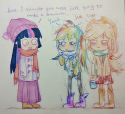 Size: 1653x1498 | Tagged: safe, artist:ranbluesue, applejack, rainbow dash, twilight sparkle, human, g4, boots, bucket, cardigan, clothes, coat, cold, dialogue, hat, humanized, long skirt, scarf, shivering, shoes, skirt, snow, spade, sweater, thousand yard stare