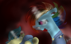 Size: 1280x800 | Tagged: safe, artist:neonaarts, misty fly, rainbow dash, pegasus, pony, g4, alternate timeline, amputee, apocalypse dash, artificial wings, augmented, blood, clothes, crystal war timeline, female, heterochromia, mare, prosthetic limb, prosthetic wing, prosthetics, torn clothes, torn ear, wings