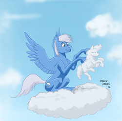 Size: 1000x986 | Tagged: safe, artist:baron engel, oc, oc only, oc:sky brush, pegasus, pony, cloud, cloud sculpting, sculpture, smiling, solo