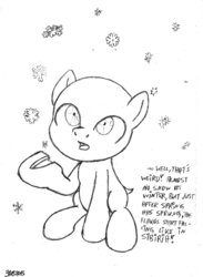 Size: 846x1155 | Tagged: safe, artist:merkleythedrunken, oc, oc only, oc:nudie, earth pony, pony, female, filly, hairless, monochrome, sketch, snow, solo, traditional art