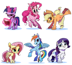 Size: 3500x3170 | Tagged: safe, artist:wreckham, applejack, fluttershy, pinkie pie, rainbow dash, rarity, twilight sparkle, alicorn, pony, g4, alternate design, book, bucking, high res, hoers, levitation, magic, mane six, simple background, telekinesis, twilight sparkle (alicorn), white background