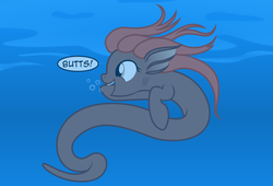 Size: 2742x1862 | Tagged: safe, artist:badumsquish, derpibooru exclusive, oc, oc only, oc:swiggity, merpony, original species, pearlfish, pearlfish pony, g4, badumsquish strikes again, bubble, butts, cute, dialogue, female, gills, happy, irrational exuberance, open mouth, pointing, smiling, solo, swimming, teeth, underwater, water