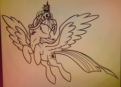 Size: 1423x1030 | Tagged: safe, twilight sparkle, alicorn, pony, g4, big crown thingy, decal, element of magic, eyes closed, female, flying, jewelry, monochrome, regalia, solo, spread wings, twilight sparkle (alicorn)