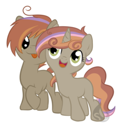 Size: 1024x1062 | Tagged: safe, artist:splender-fire, oc, oc only, oc:smash monitor, oc:sweet note, earth pony, pony, unicorn, offspring, parent:button mash, parent:sweetie belle, parents:sweetiemash, simple background, transparent background, twins