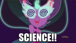 Size: 1070x603 | Tagged: safe, edit, edited screencap, screencap, sci-twi, twilight sparkle, equestria girls, g4, my little pony equestria girls: friendship games, discovery family logo, dr. insano, female, image macro, meme, midnight sparkle, midnight sparkle's lines, science, solo, spoony, the spoony experiment
