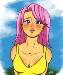 Size: 1080x1280 | Tagged: safe, artist:misssillybetty, fluttershy, human, g4, blushing, breasts, cleavage, clothes, female, humanized, looking at you, solo, tank top