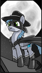 Size: 909x1592 | Tagged: safe, artist:pencils, oc, oc only, oc:sky shatter, pegasus, pony, comic:anon's pie adventure, boots, cape, clothes, costume, cropped, cutie mark, hat, i am the night, mask, moon, night, pose, rooftop, sheriff, shoes, solo, superhero