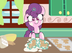 Size: 1500x1107 | Tagged: safe, artist:lockheart, sugar belle, pony, g4, baking, baking tray, bowl, cookie, cupboard, cute, female, flour, food, gingerbread (food), kitchen, magic, rolling pin, solo, sugarbetes, window