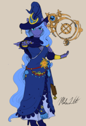 Size: 1280x1862 | Tagged: artist needed, safe, color edit, edit, princess luna, anthro, plantigrade anthro, g4, clothes, colored, dress, hat, mage