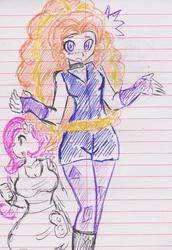 Size: 704x1024 | Tagged: safe, artist:elgatosabio, adagio dazzle, fluttershy, equestria girls, g4, blushing, breasts, busty fluttershy, cleavage, duo, female, lined art, lined paper, traditional art
