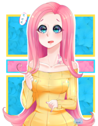 Size: 1101x1409 | Tagged: safe, artist:ikane96, fluttershy, human, g4, bare shoulders, clothes, cutie mark on human, female, humanized, nail polish, off shoulder, off shoulder sweater, solo, sweater, sweater dress, sweatershy
