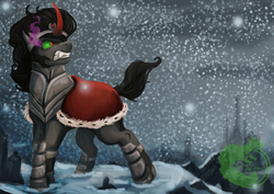 Size: 1200x849 | Tagged: safe, artist:craftymarten, king sombra, pony, unicorn, g4, angry, clothes, crown, gritted teeth, jewelry, male, regalia, robe, snow, solo, sombra eyes, stallion