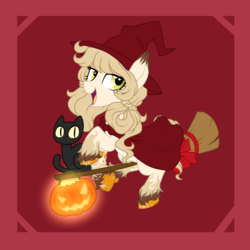 Size: 2500x2500 | Tagged: safe, artist:azure-art-wave, oc, oc only, cat, earth pony, pony, black cat, bow, broom, female, flying, flying broomstick, high res, jack-o-lantern, mare, pumpkin, unshorn fetlocks, witch