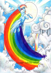 Size: 2413x3453 | Tagged: safe, artist:lunar-white-wolf, rainbow dash, pony, g4, cloud, female, high res, rainbow, rainbow trail, rainbow waterfall, solo, traditional art