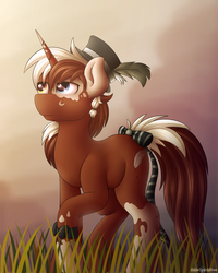 Size: 2000x2500 | Tagged: safe, artist:spirit-dude, oc, oc only, oc:leo, pony, unicorn, grass, hat, high res, horn, looking up, male, raised hoof, solo, unicorn oc