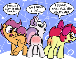 Size: 1000x800 | Tagged: safe, artist:pokefound, apple bloom, scootaloo, sweetie belle, pegasus, pony, unicorn, g4, apple bloom's bow, bow, butt, butt blush, cutie mark crusaders, dialogue, dock, featureless crotch, female, filly, foal, hair bow, implied applejack, implied spanking, looking back, plot, punishment, raised tail, spank mark, spanked, tail, whip marks