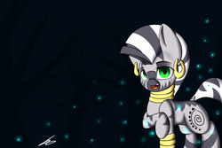 Size: 3872x2592 | Tagged: safe, artist:xaski21, zecora, firefly (insect), zebra, g4, everfree forest, female, high res, looking at you, open mouth, raised hoof, solo