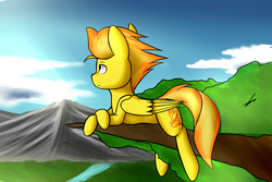 Size: 3872x2592 | Tagged: safe, artist:xaski21, spitfire, pony, g4, cloud, female, high res, mountain, prone, sky, solo, tree, tree branch