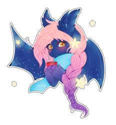Size: 1190x1280 | Tagged: safe, artist:niniibear, oc, oc only, oc:astral ambiance, bat pony, pony, astral, blue, blushing, bust, clothes, cute, ear fluff, fluffy, happy, hot coco, pink, portrait, scarf, simple background, solo, stars, sweet, transparent background, wings, winter