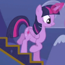 Size: 342x342 | Tagged: safe, screencap, twilight sparkle, alicorn, pony, g4, to where and back again, animated, cropped, cute, female, gif, glowing horn, horn, loop, solo, stairs, twiabetes, twilight sparkle (alicorn)