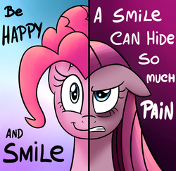 Size: 1500x1456 | Tagged: dead source, safe, artist:radek1212, pinkie pie, two sided posters, g4, angry, edgy, female, happy, pinkamena diane pie, sad, smiling, solo, split screen