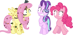 Size: 16031x7795 | Tagged: safe, artist:cyanlightning, fluttershy, pinkie pie, starlight glimmer, ant, centipede, earth pony, pegasus, pony, rat, snake, unicorn, every little thing she does, g4, .svg available, absurd resolution, animal, creepy crawlies, female, fiducia compellia, hypno pie, hypnoshy, hypnosis, hypnotized, mare, nightmare fuel, raised hoof, simple background, transparent background, vector, wide eyes